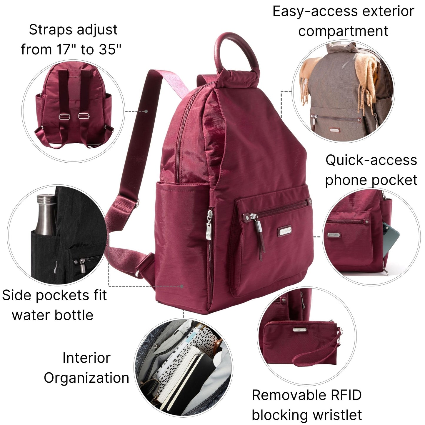 Baggallini All Day Backpack with RFID Phone Wristlet - Lightweight Travel Backpack for Women