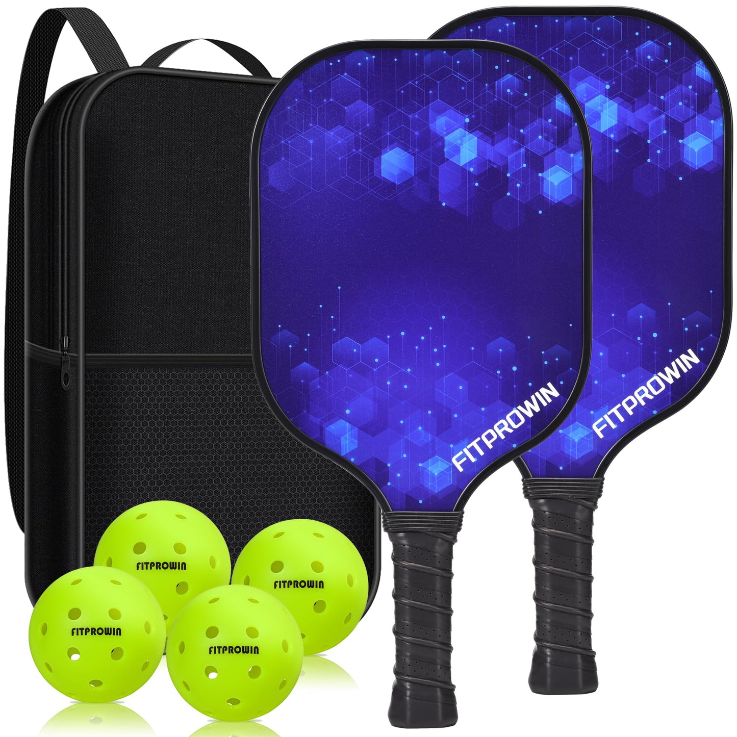 FITPROWIN Pickleball Paddles Set of 2 Fiberglass Pickleball Paddles with 16mm Honeycomb Core Lightweight Blue Pickle Ball Paddles for Men Women Beginners，4 Balls, Portable Bag