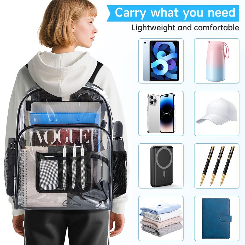 WELIDAY Clear Backpack Heavy Duty PVC Transparent Backpack Large Capacity Clear Bookbag for Work and Travel Security Ruggedly Reinforced Strap for Men, Women, Boys & Girls (Black)