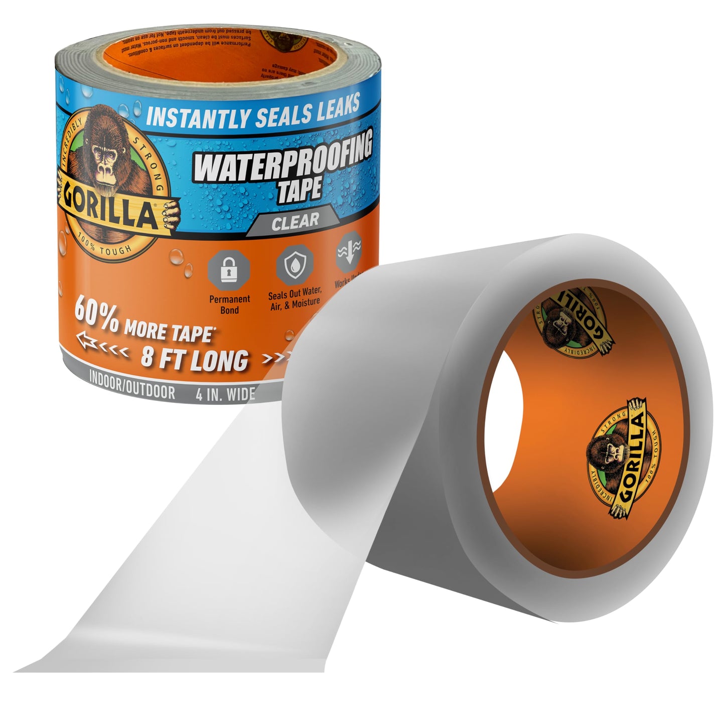 Gorilla Waterproof Patch & Seal Tape, Clear Tape, 4" x 8' (Pack of 1) - Permanent Weather Resistant Seal for Leaks and Repairs