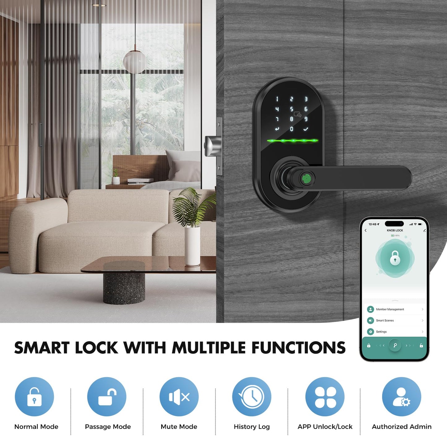 HEI LIANG Smart Door Handle with Biometric Fingerprint,Keypad Keyless Entry Door Lock for Front Door,5-in-1 Electronic Door Lock with App Control,Auto Lock,Reversible for Left/Right Hand,Deep Black