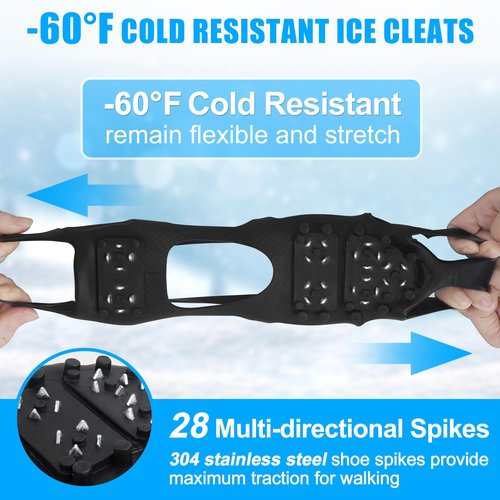 Ice Cleats Snow Traction Cleats Crampons for Shoes and Boots Men Women Anti Slip Ice Shoes Gripper Overshoe Slip-on Stretch Footwear (28 Steel with Straps, Medium(5.5-7 men/7-8.5 Women))