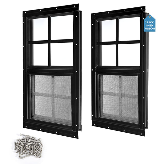 Ktondic 2 Pack Shed Window 14"X21" Black Flush Mount Household Windows with Tempered Glass and Fiberglass Screen for Shed Chicken Coop Playhouse and Garage