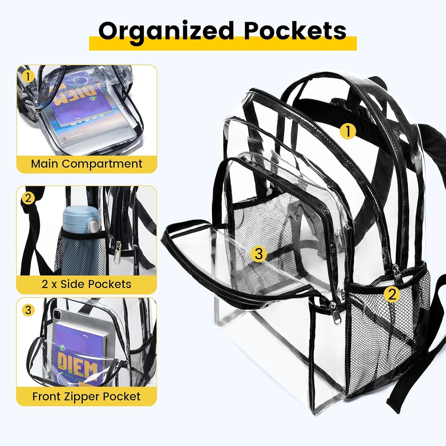 Vorspack Clear Backpack - Heavy Duty Transparent Bookbag for School, Work & Concert | Large Black Design