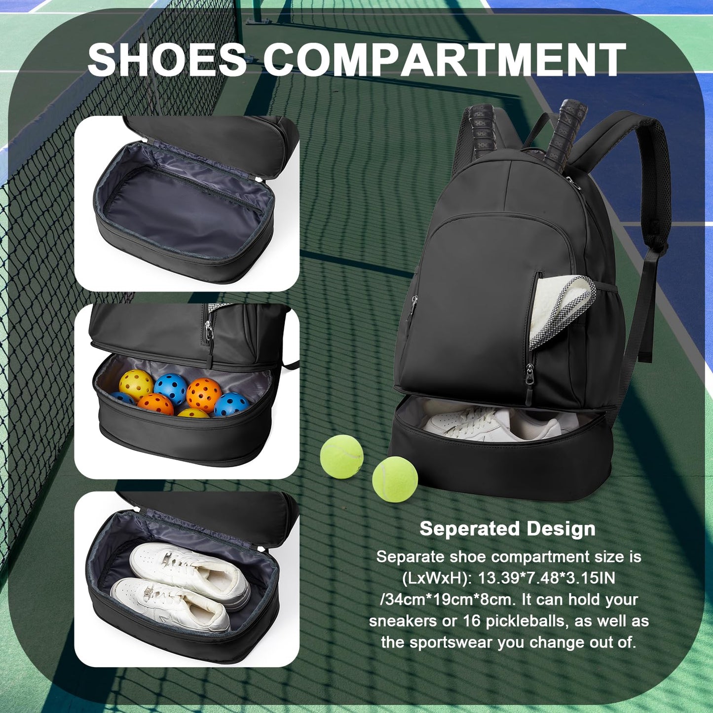 wassdins Pickleball Backpack for Women Men, Gym Back Pack with Shoe Compartment, Pickleball Bag Fits 2 Pickle Ball Paddles & Gear, Racket Backpack with Water Bottle Holder, Dry/Wet Pocket