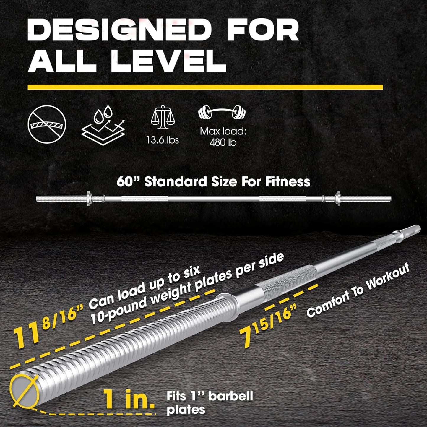 Yes4All Standard Straight Barbell 60 inch & Xtreme Grip For Workout