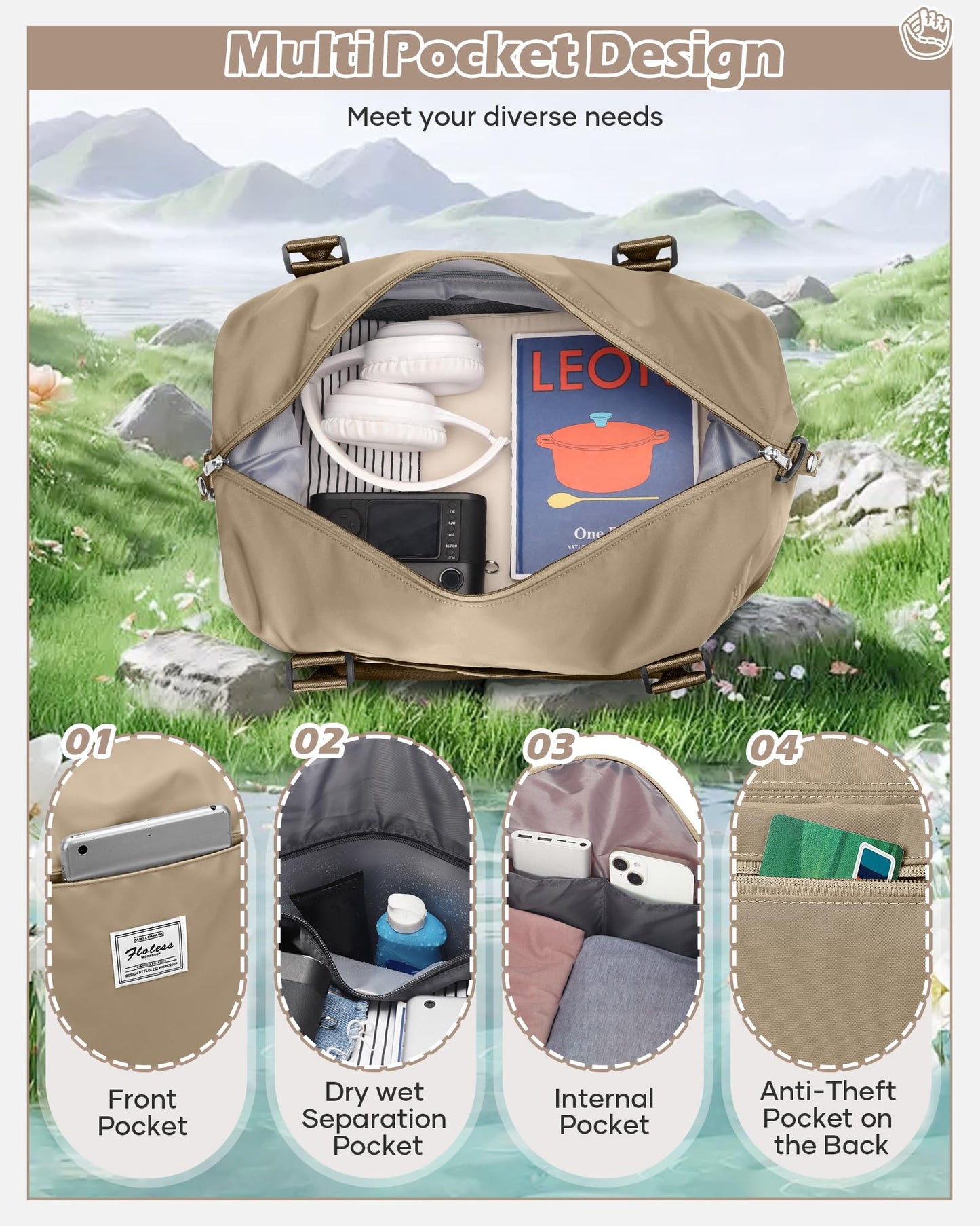 Travel Duffel Bags for Women Mens Waterproof Weekender Carry on Bag Sports Gym Bag Travel Tote Bags with Wet Pocket Overnight Bag Workout Duffel Bags with Trolley Sleeve Khaki