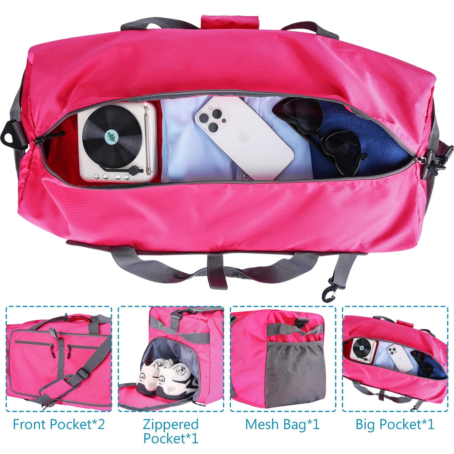 60L Duffle Bag with Shoes Compartment - Foldable&Large Capacity Travel Duffel Bags, Lightweight & Water-Resistant Gym Bag - Rose