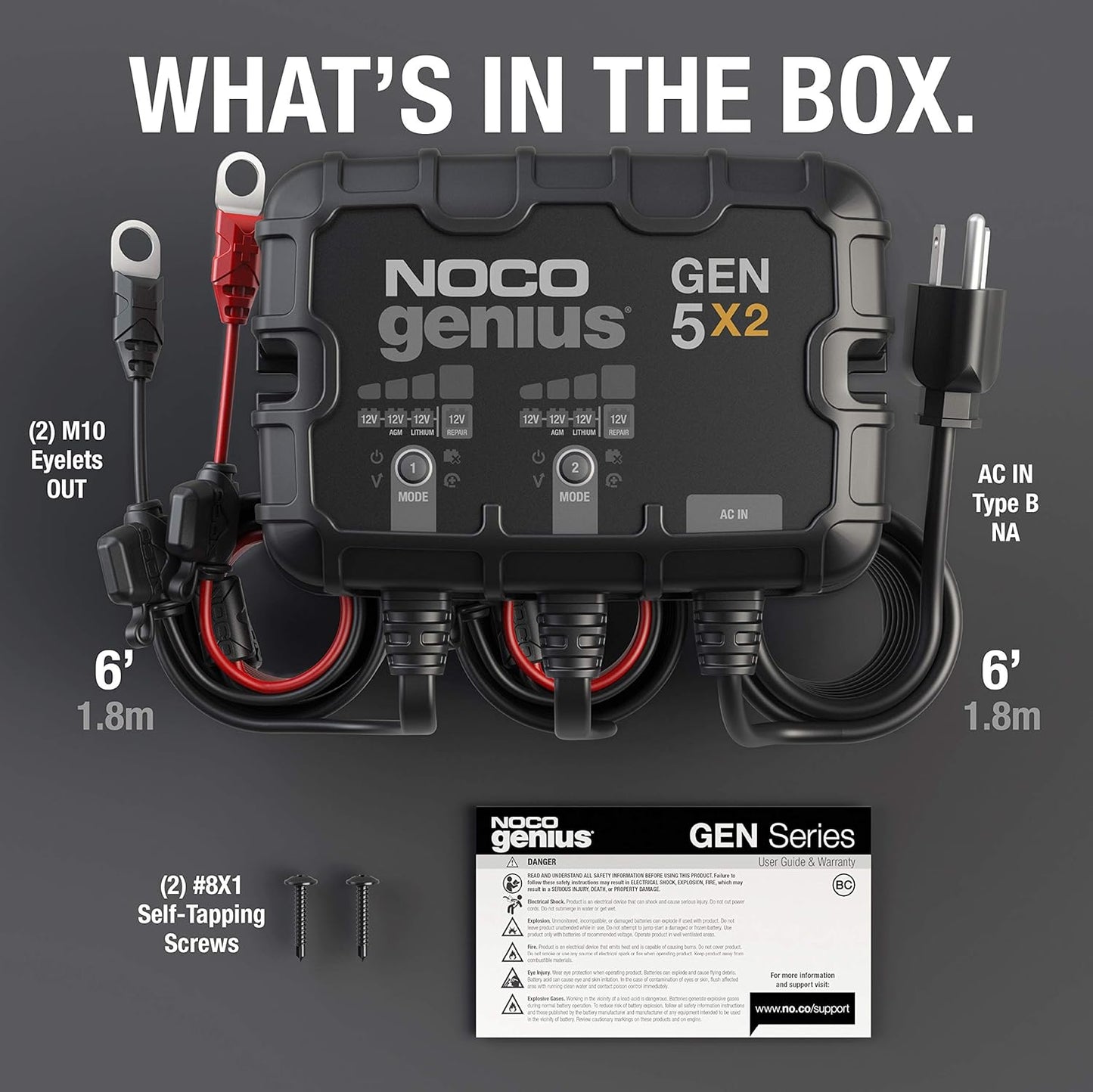 NOCO Genius GEN5X2 Onboard Battery Charger - 2-Bank, 10A, Waterproof, 12V with Overcharge Protection & Temp Compensation