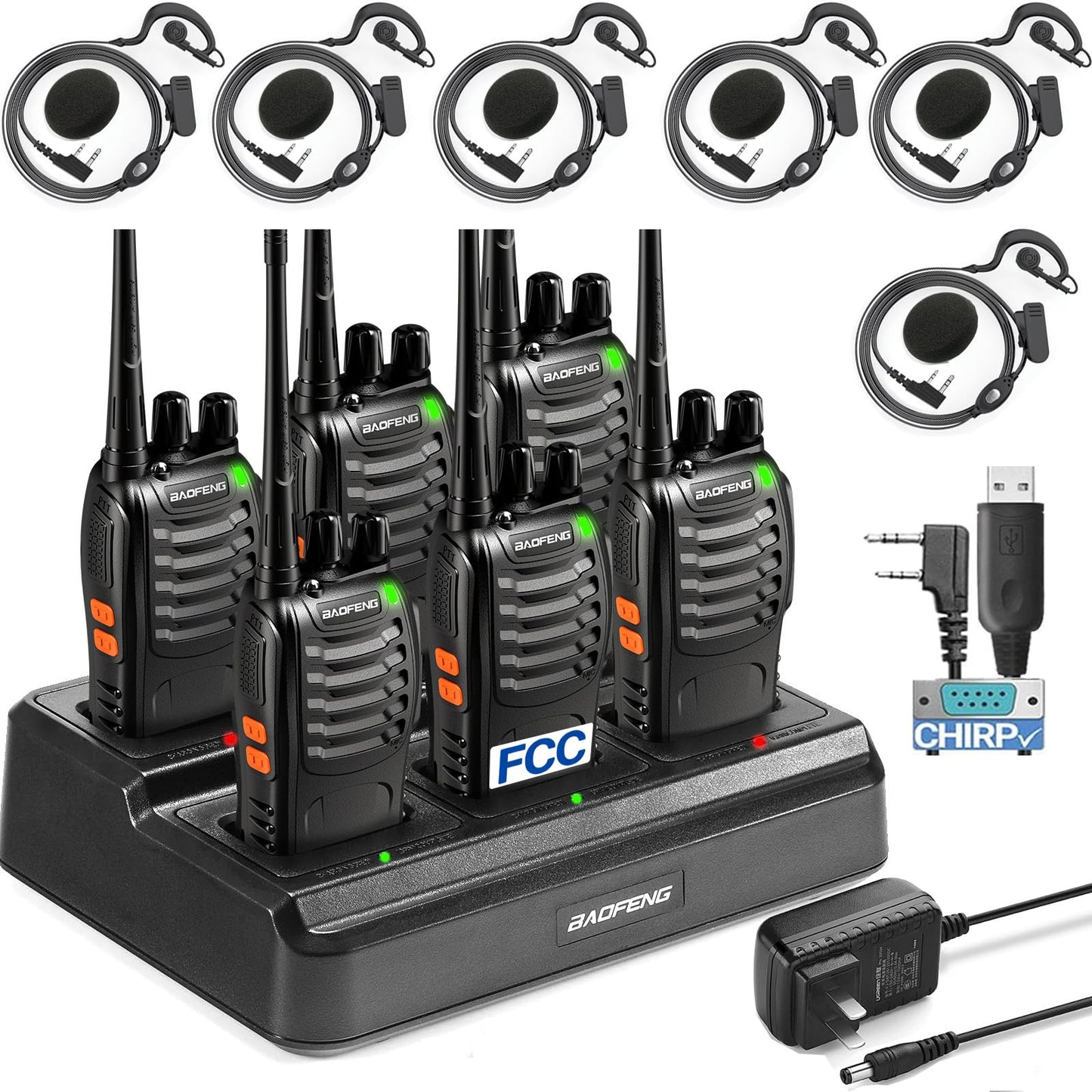 BAOFENG BF-888S 6Pack Long Range Walkie Talkies for Business and Adults Rechargeable Two Way Radios with 6-Way Charger, Programming Cable & Headphones, FCC Certified 16 Channel UHF Radios