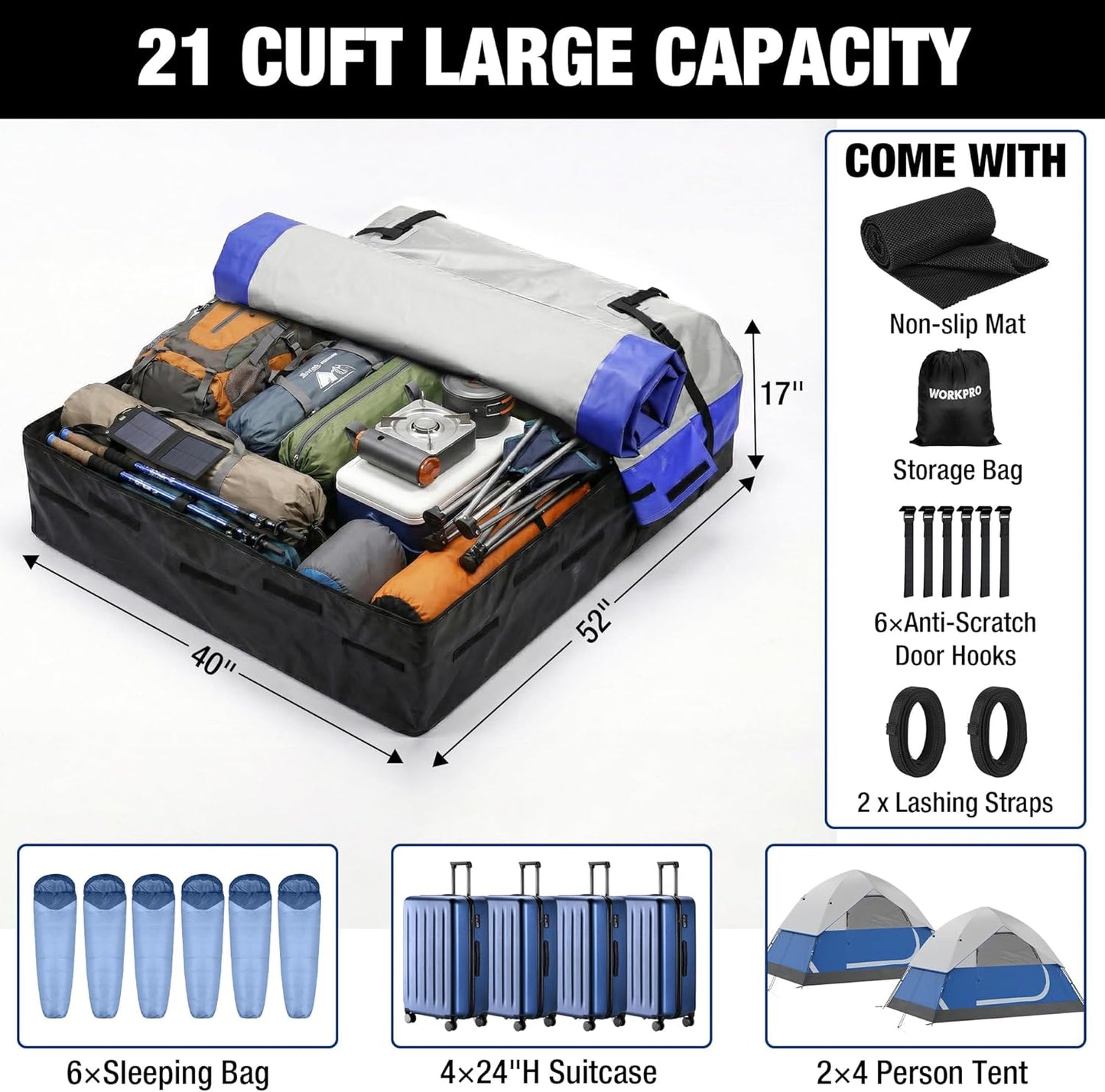 WORKPRO Rooftop Cargo Carrier - 21 Cubic Feet Waterproof Roof Bag for All Vehicles | Heavy Duty 840D PVC