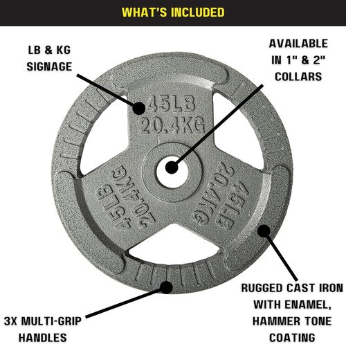 HulkFit 2-inch Iron Plate for Strength Training, Weightlifting, Single (45 lb), Silver