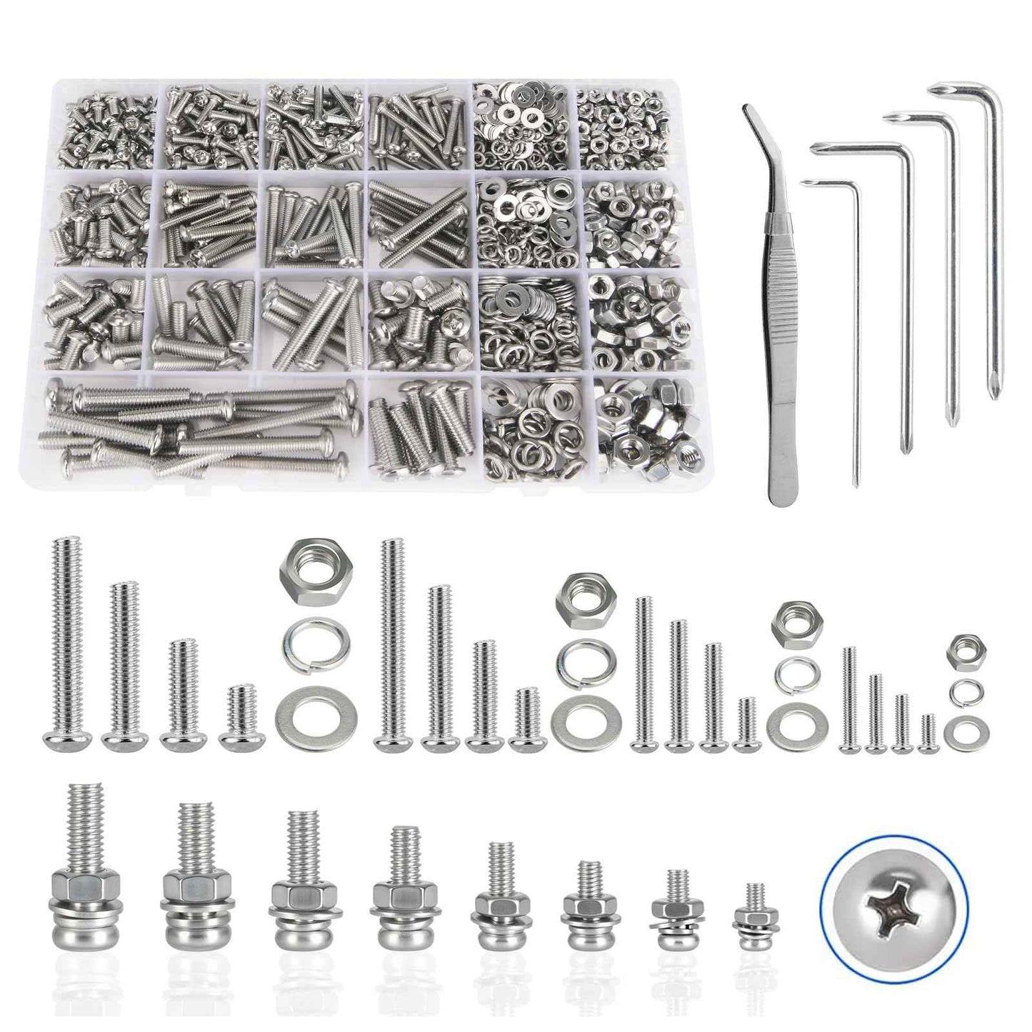 1218 Pcs Screws Bolts and Nuts Assortment Kit with 4 Pcs Screws Wrenches,304 Stainless Steel M3 M4 M5 M6 Metric Machine Screws Nuts Flat Washers and Lock Washer Kit, Anti Rust Screws Set