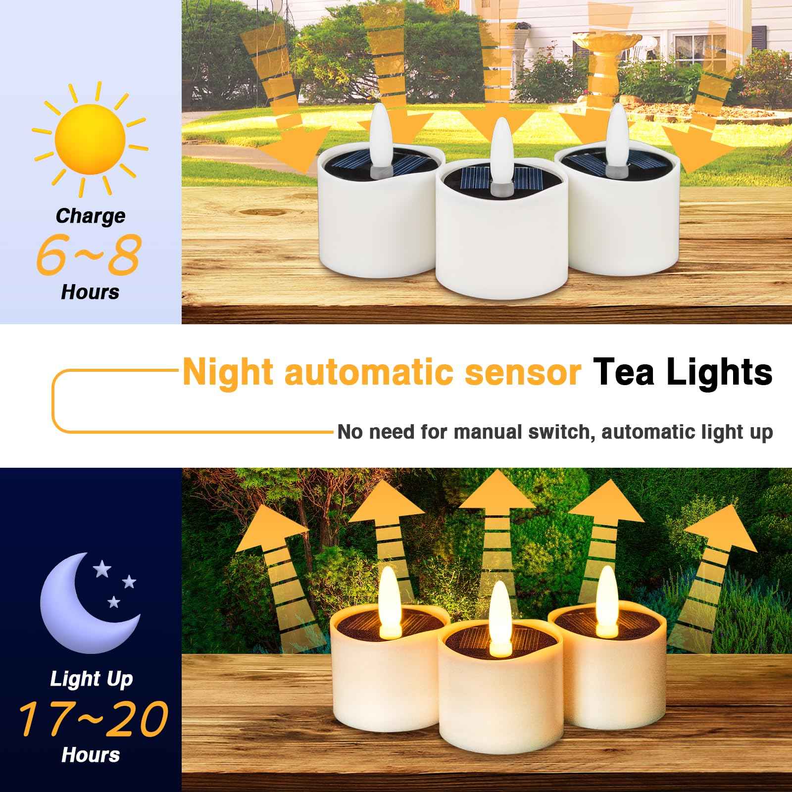 HL Solar Tea Lights Outdoor Waterproof,6PCS 2.4''x2'' Flickering Flameless Candles, Dusk to Dawn Rechargeable Battery LED Votive Tea Lights for Lantern, Garden, Camping, Home Decor (Warm White)