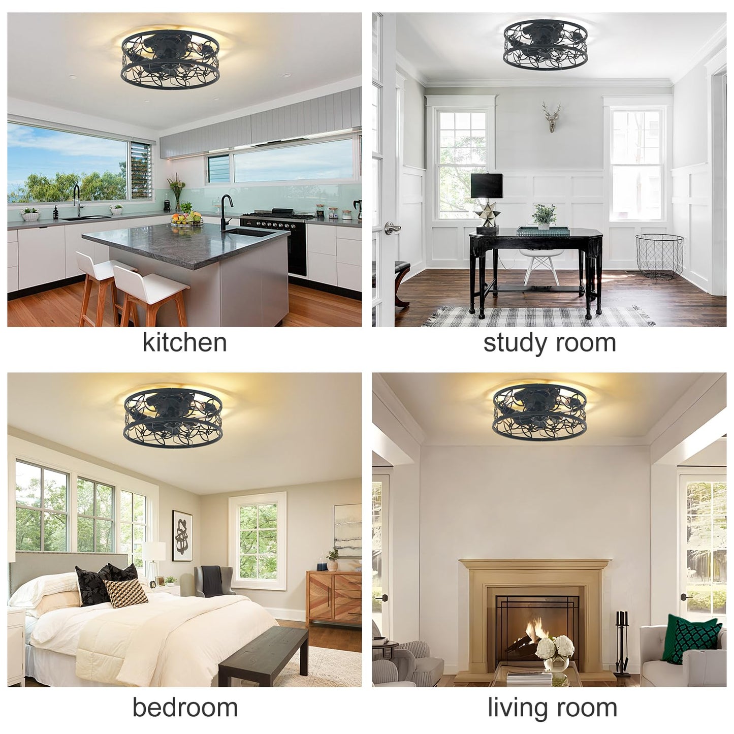 Garwarm 18in Caged Ceiling Fan with Light,Rustic Farmhouse Ceiling Fans with Lights and Remote,Bladeless Black Fandelier Ceiling Fan,Small Flush Mount Ceiling Fan for Kitchen, Bedroom（6 Speed, Timing）