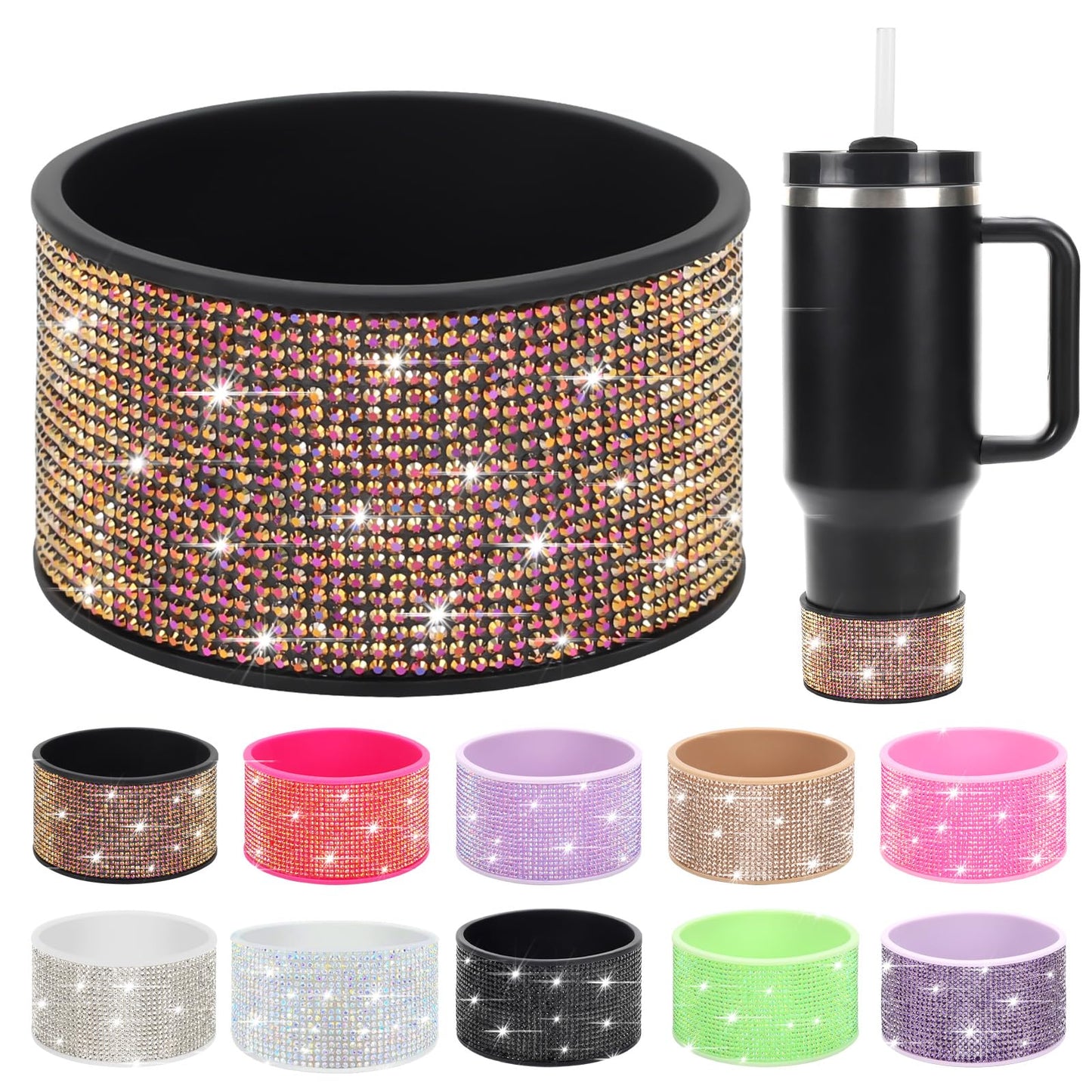 Rhinestone Silicone Boot for 30 oz Stanley Quencher, Anti-Slip Silicone Protector for Qunercher Pro tour Flip 300z, Cup Accessories for 2.75-2.87 inch Trapezoidal Cylinder Base Water Bottles Bottom