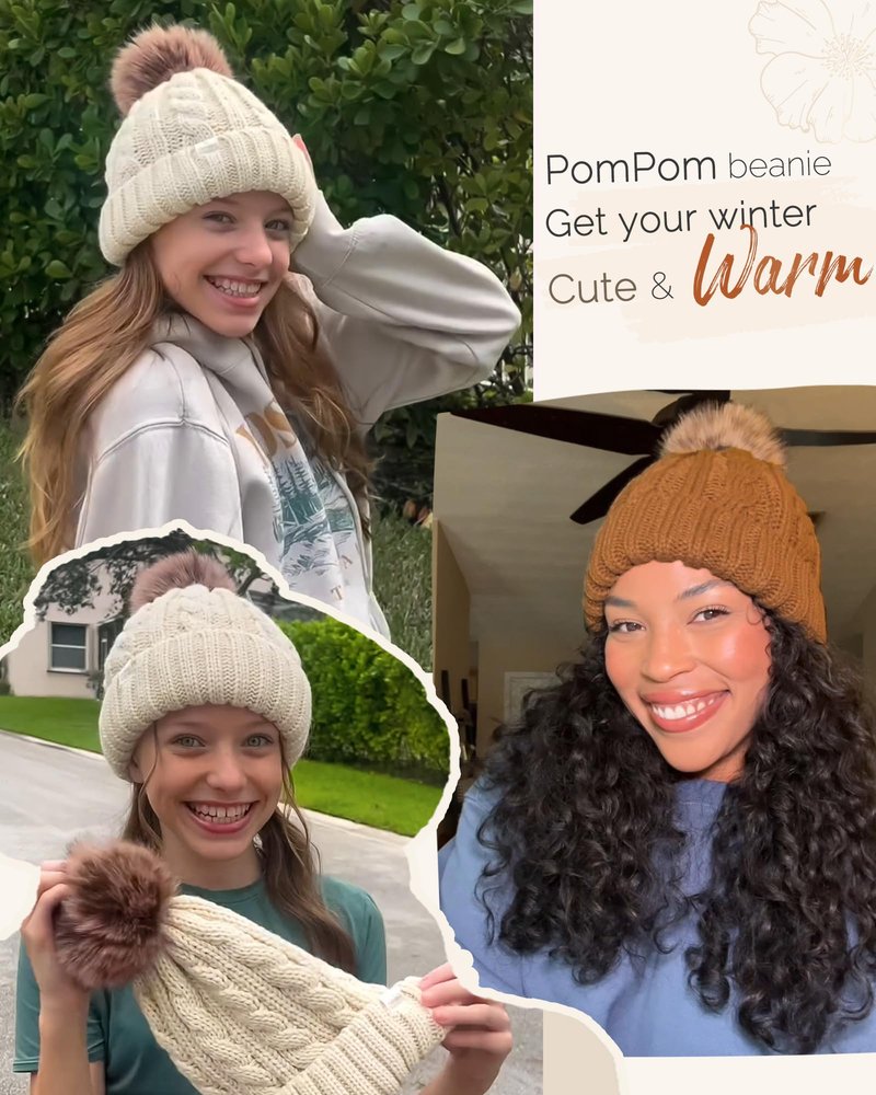 YANIBEST Winter Hats for Women Satin Lined Knitted Beanie Hat Warm Soft Ski Cuff Cap with Pom Pom Khaki