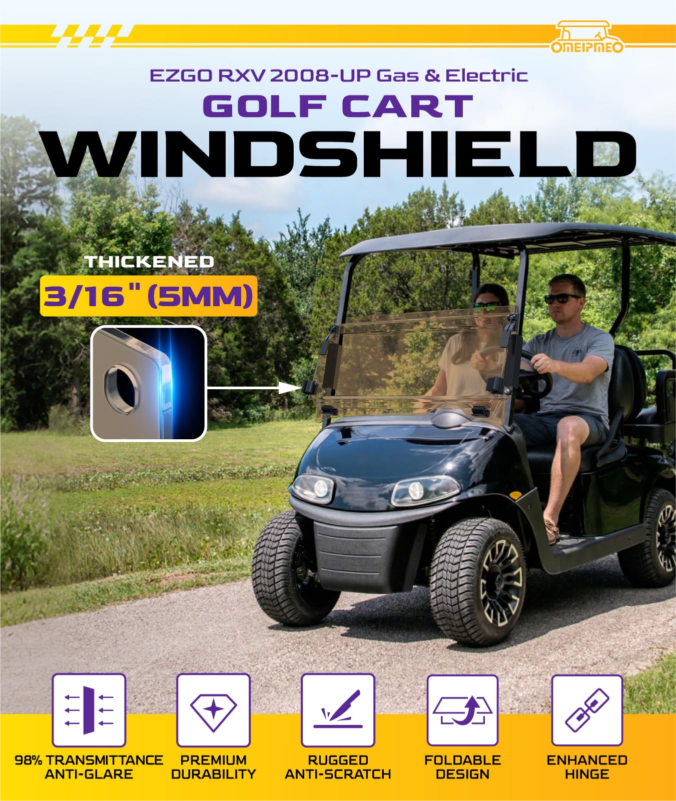 Upgrade Golf Cart Windshield Fits EZGO RXV/Freedom RXV 2008-UP Gas/Electric Models, Foldable EZGO RXV Windshield with Heavy Duty Hinge, Anti-UV&Impact Resistant, 5MM Thick PC Material (Tinted)