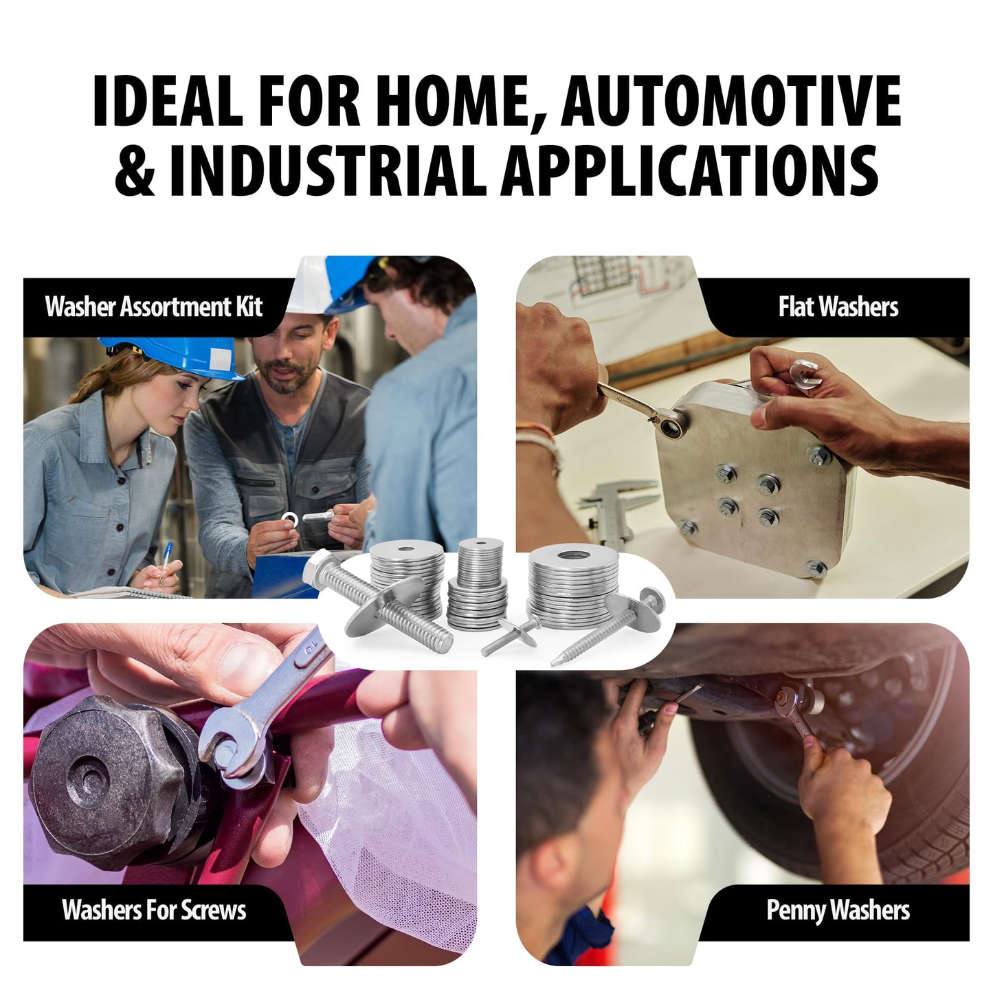 Fender Washers for Screws (100 Pcs) — 304 Stainless Steel Flat Washers Assortment Kit in Different Sizes (M3 M4 M5 M6 M8 M10 M12)—for Home & Industrial Usage