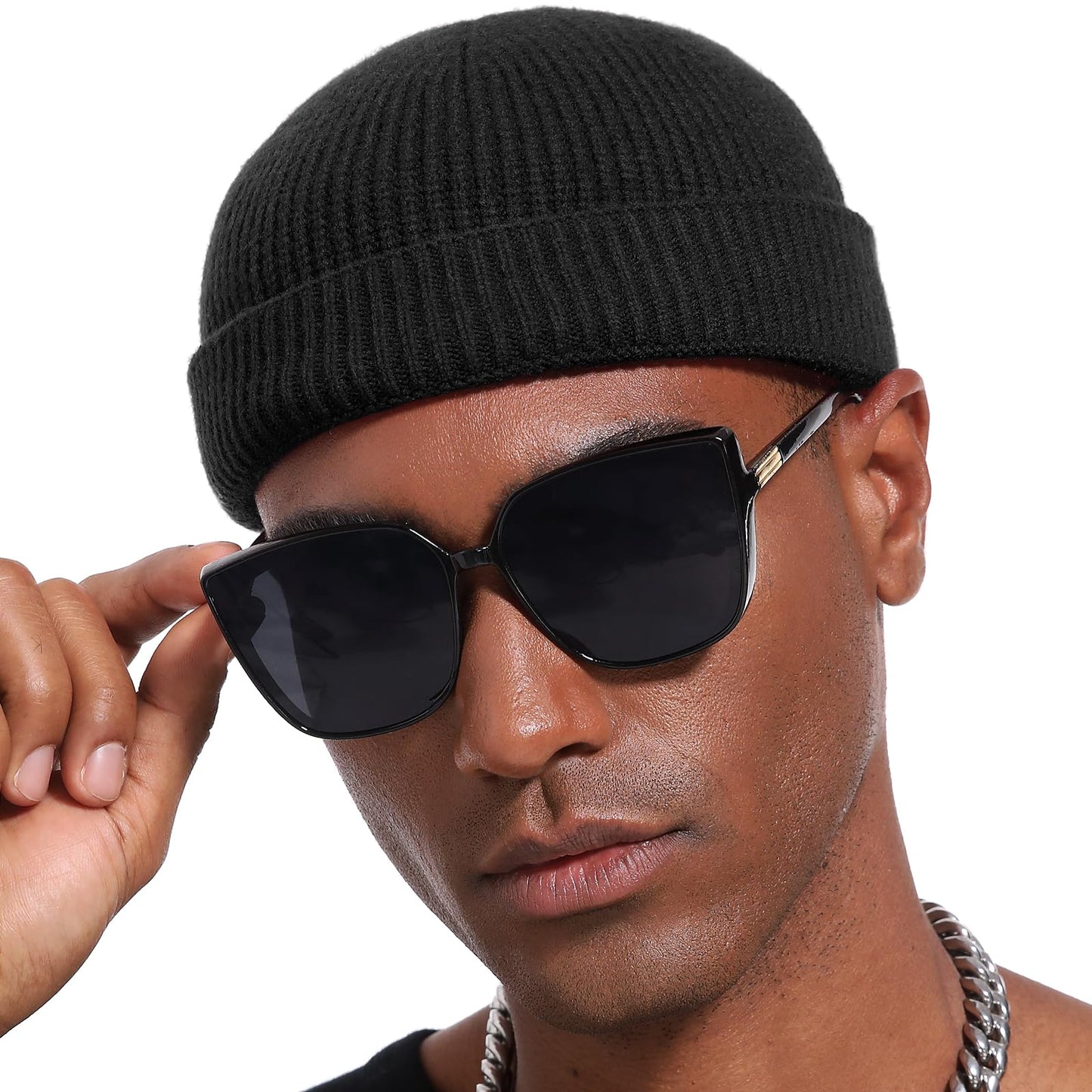 vidsel Thin Wool Fisherman Beanie Hat for Men Women Fall Winter,Short Knit Cuffed Fashion Trawler Skull Cap,Watch Cap,Black