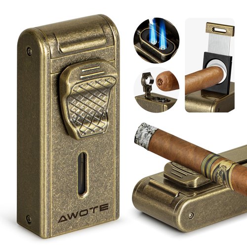 Torch Lighter with Adjustable Dual-Flame, Built-in Cigar Punch, Holder, Cutter, Windproof Refillable Butane Lighter for Smoking, Gift for Men