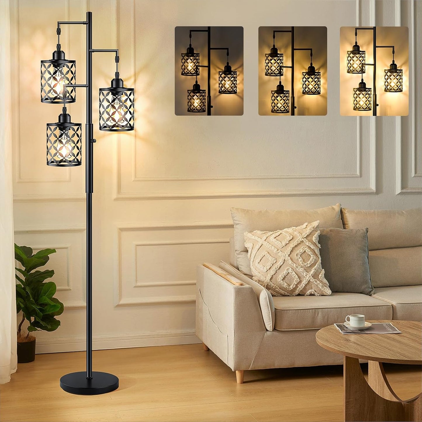 Industrial Farmhouse Dimmable Floor Lamp - 68” Tall Standing Light with Metal Cage for Living Room, Bedroom, Office - 2000LM LED Bulbs Included