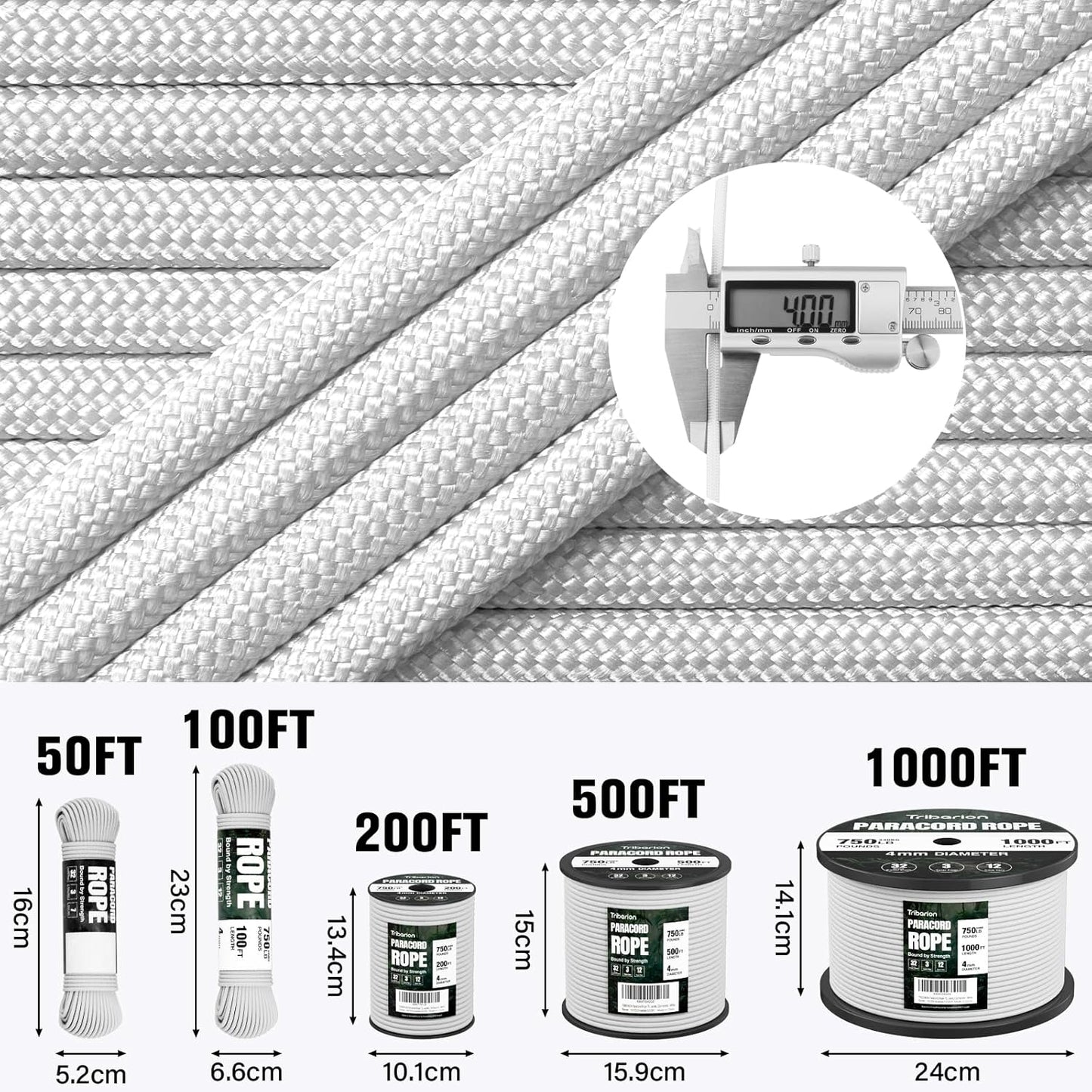 Paracord Rope 750 lb | 1000ft Heavy-Duty 12-Strand Parachute Cord - Versatile White Survival & Camping Gear