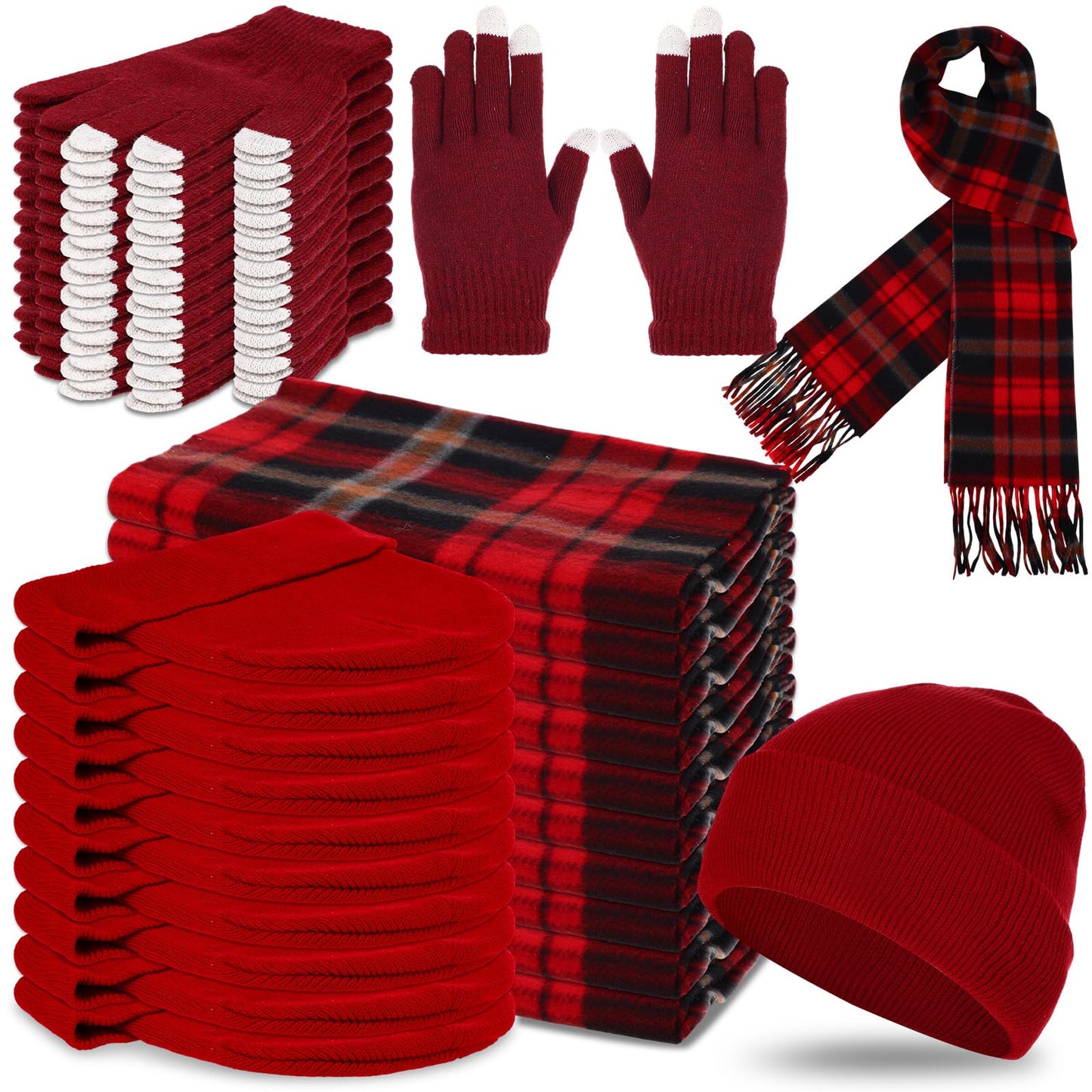 Chicingyou 90 Pcs Hats Scarves Gloves Supplies Bulk Winter Beanies Red Grids Scarves Touchscreen Gloves for Men Women