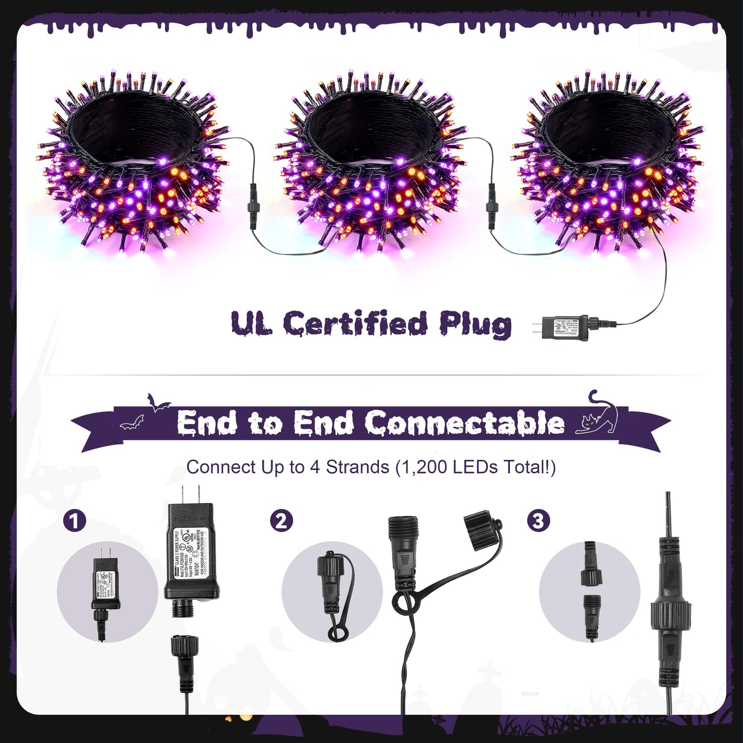 WBao Halloween Lights Orange Purple 300LED 108ft Super Bright String Lights, UL Certified, 8 Lighting Modes, Timer, Connectable, Memory & Waterproof for Indoor Outdoor Halloween Decorations