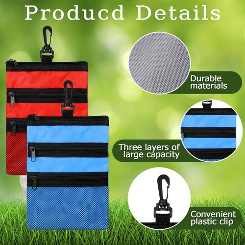 Cosblank 4 Pcs Golf Tee Holder 3 Zippered Golf Pouch Bag for Valuables Portable Ball Accessory Pouch for Men with Clip to Bag for More Storage, Easy Access, Black, Red, Blue, Gray