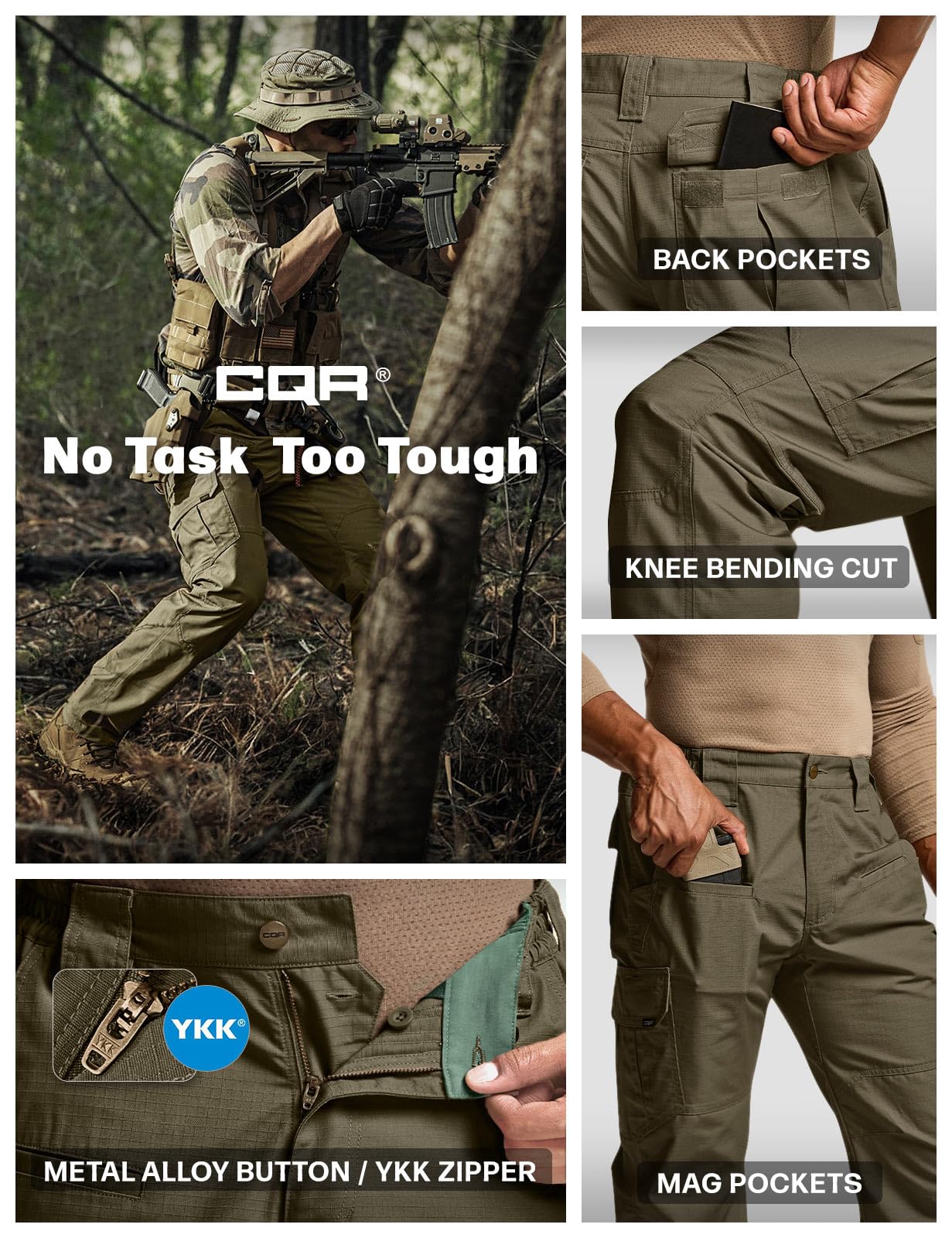 CQR Men's Tactical Pants, Water Resistant Ripstop Cargo Pants, Lightweight EDC Work Hiking Pants, Outdoor Apparel, Raider Soil Green, 46W x 30L
