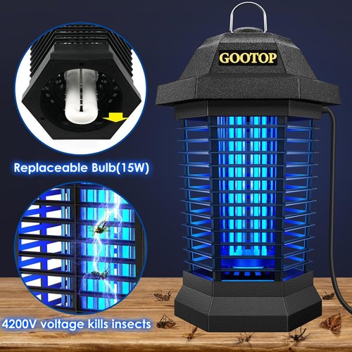 GOOTOP Bug Zapper - Electric Mosquito Killer with 4200V Power | Indoor/Outdoor Use, Black ABS Plastic