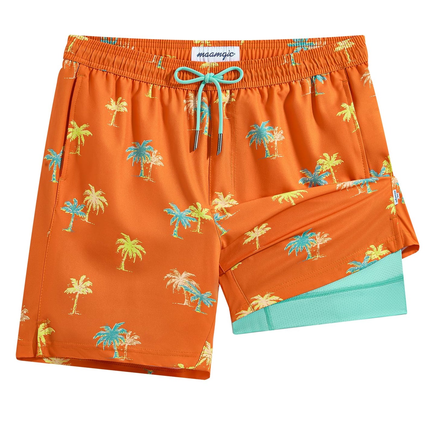 maamgic Mens Swim Trunks with Compression Liner 7 Inch Inseam Mens Bathing Suit Quick Dry Swimming Trunks Swimsuit Orange Coconut Tree XX-Large