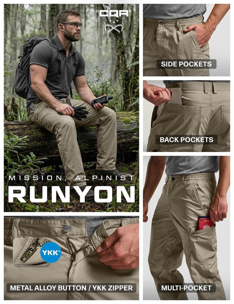 CQR Men's Quick Dry Tactical Pants, Water Resistant Outdoor Pants, Lightweight Stretch Cargo Work Hiking Pants, Runyon Cargo Pants Sandstorm, 36W x 30L