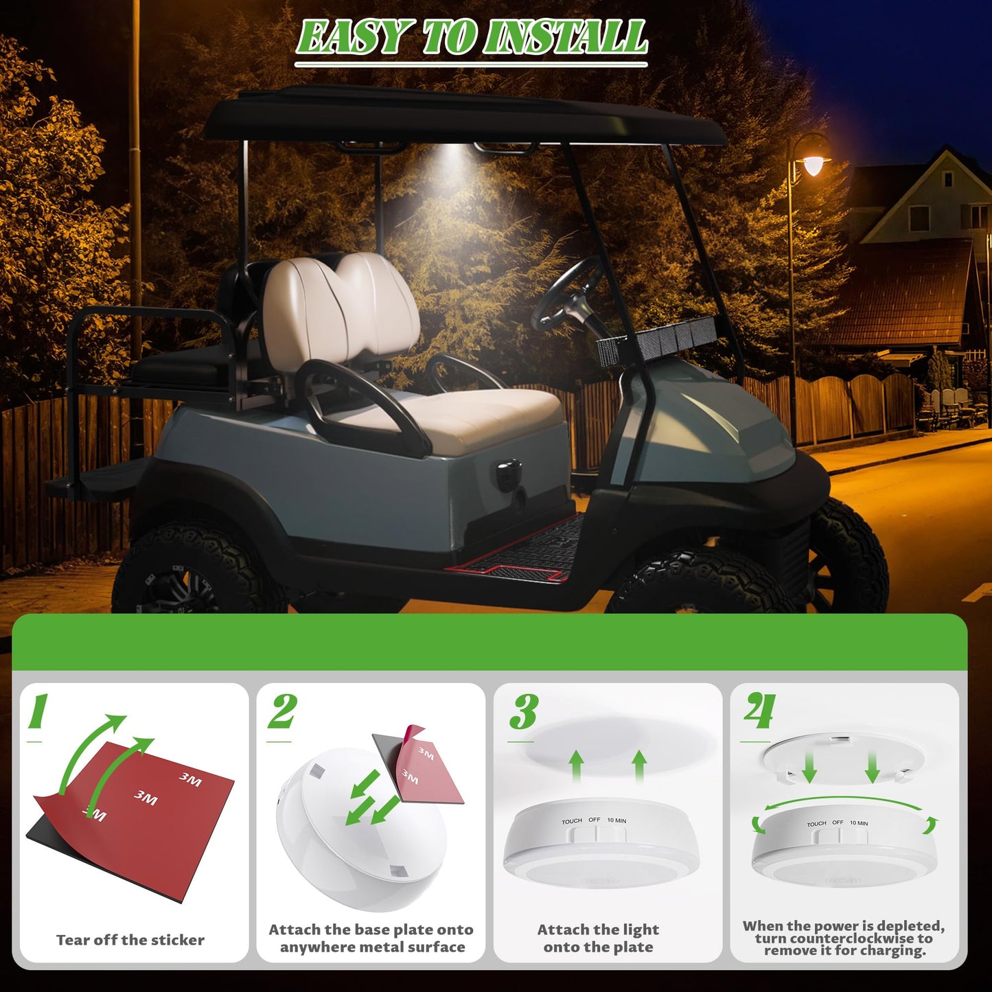 10L0L 2 Pack Universal Golf Cart Dome Light, USB Rechargeable Touch L E D Roof Light for EZGO Club Car Yamaha UTV, Wireless Stick-On Interior Lighting, White