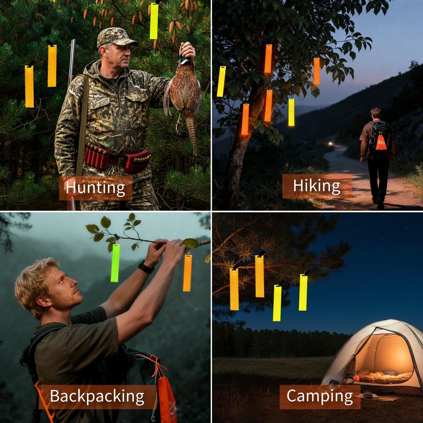 ProSSS Reflective Trail Markers for Hunting & Hiking, Large 150×30mm Reflective Strips (24/48 pcs), Fluorescent Orange & Yellow with Starry Reflective Dots, High Visibility Tree Clips & Carry Bag