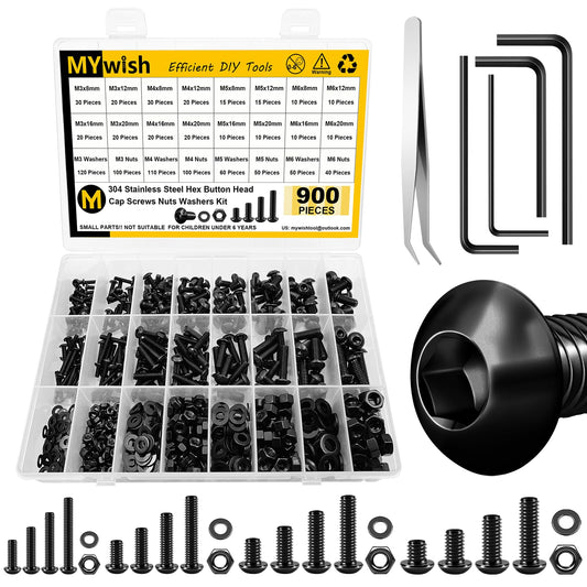 Mywish 900Pcs Metric Screw Assortment Kit, M3 M4 M5 M6 Bolts Nuts & Flat Washers, Grade 10.9 Alloy Steel Hex Socket Head Screws, Wrenches, Fully Threaded, Black Nuts and Bolts Assortment Kit