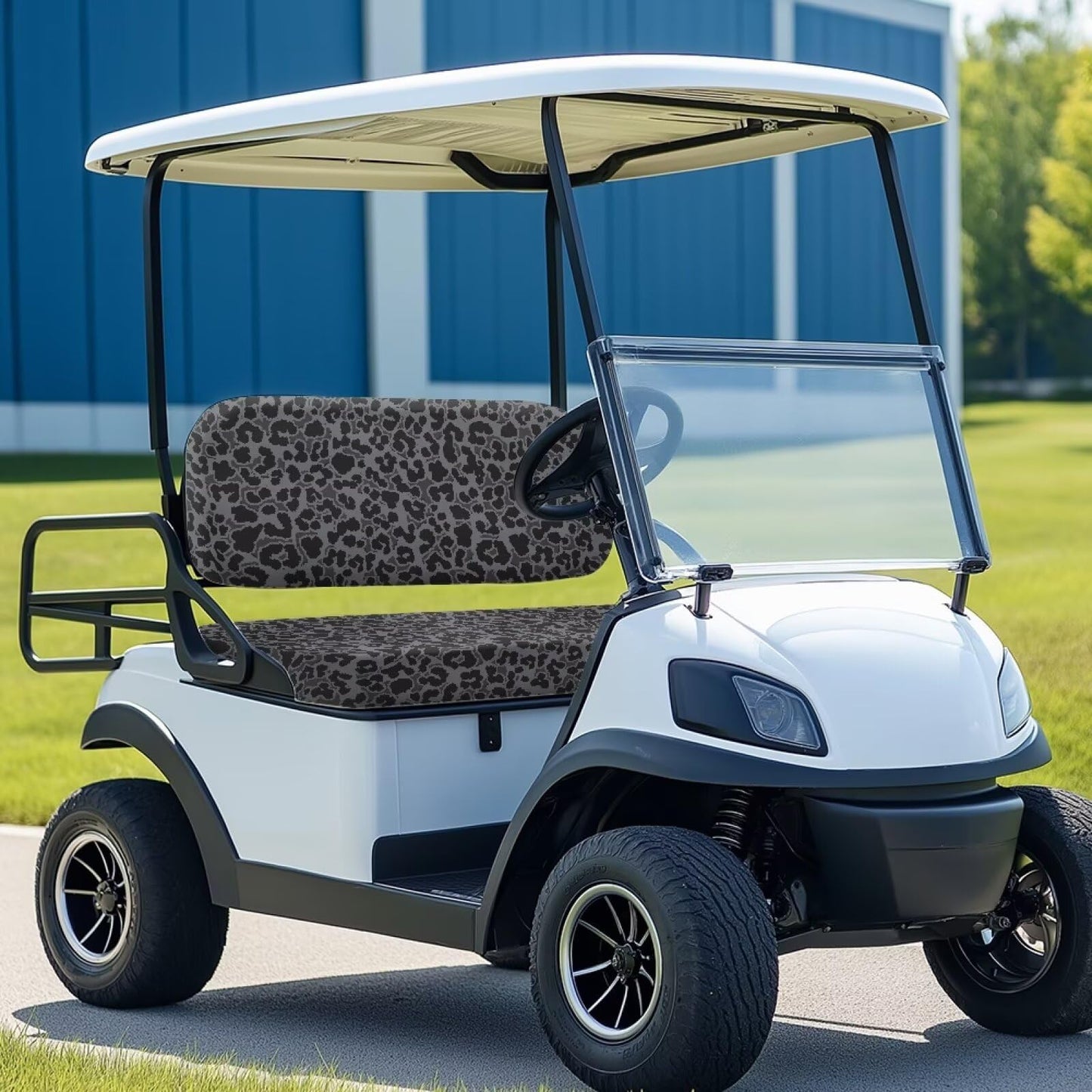 FUIALDOLG Grey Black Leopard Golf Cart Front + Rear Seat Cover Set Easy to Install Golf Cart Seat Covers Kit Bench Seat Covers Kit Printed Golf Car Accessories