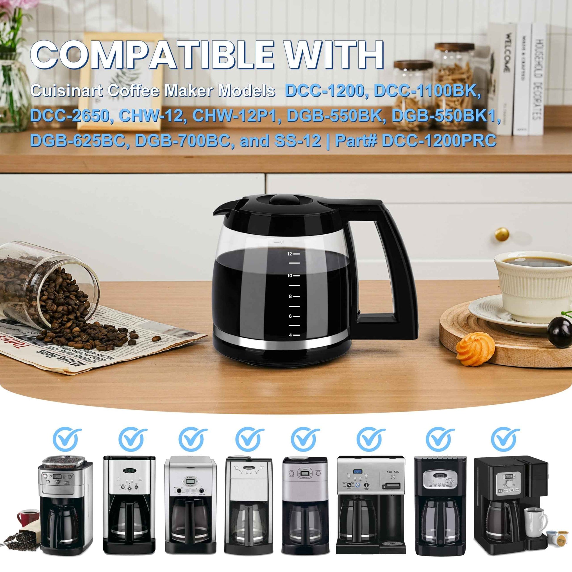 12-Cup Glass Carafe Replacement Compatible With Cuisinart Coffee Maker Models CHW-12, CHW-12P1, DCC-1100BK, DCC-1200, DCC-2650, DGB-550BK, DGB-550BK1, DGB-625BC, DGB-700BC, and SS-12 DCC-1200PRC.