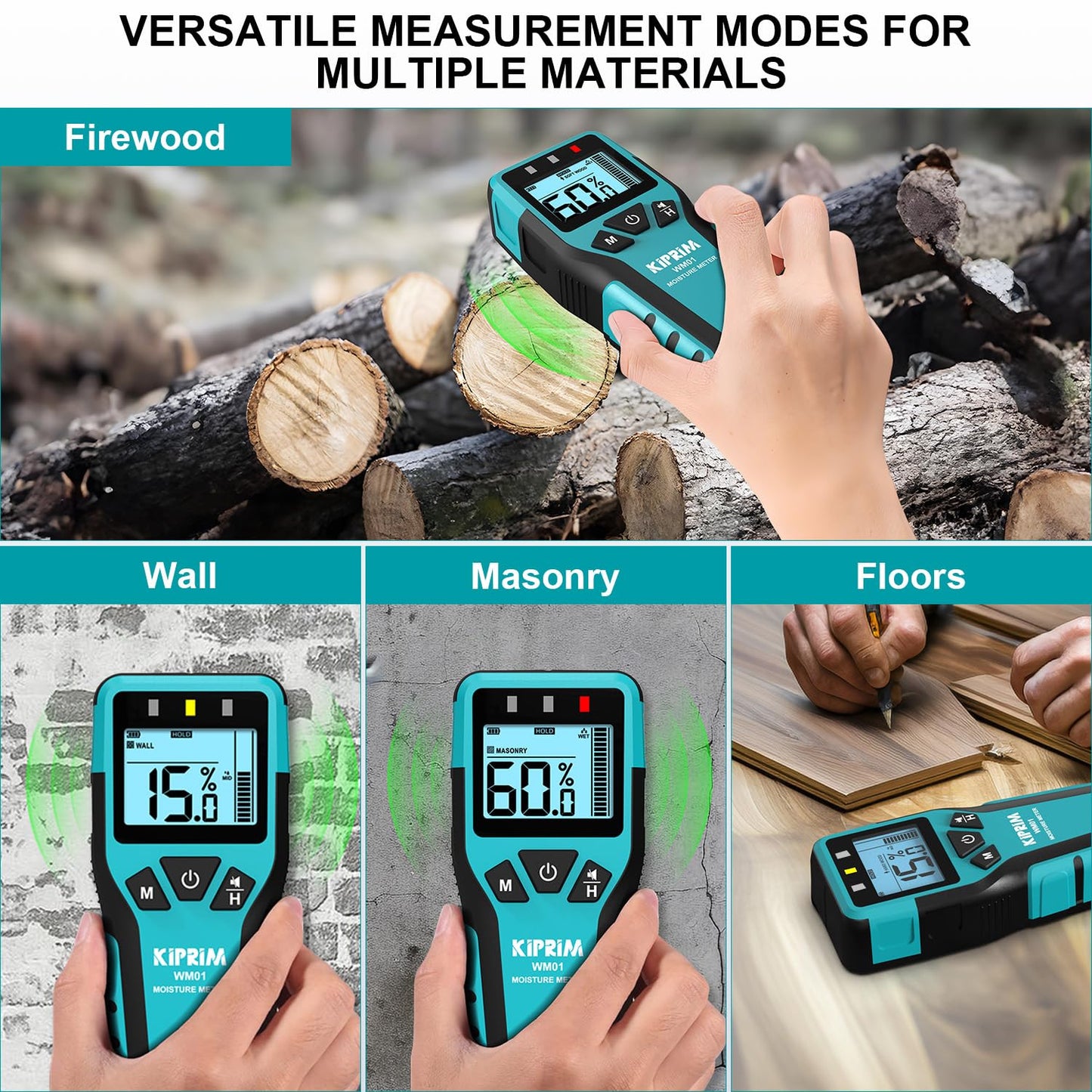 Kiprim Pinless Moisture Meter Home Moisture Level Tester Damp Meter for Floor,Wood, Walls, Concrete – Accurate Non-Destructive Testing Moisture Meter WM01