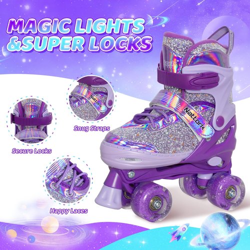 Mammygol Kids Inline Skates for Girls Kids, 4 Sizes Adjustable Girls Blades Roller for Ages 3-12 with Light up Wheels & Safety Protection - Cool Birthday Gift for Indoor Outdoor Sports