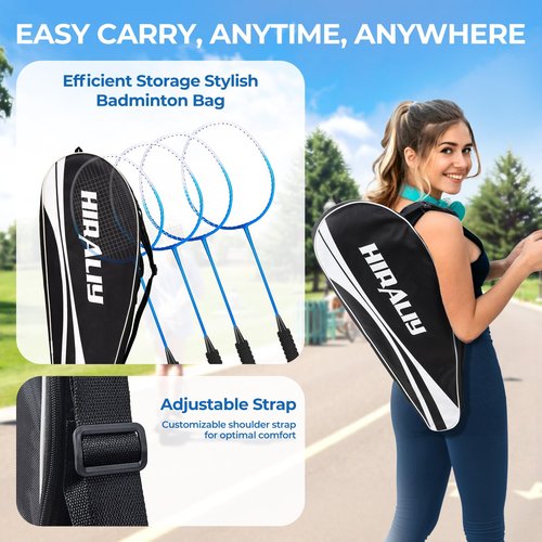 HIRALIY Badminton Rackets Set for Backyards, Badminton Set, Includ 4 Rackets, 12 Birdies, 1 Carrying Bag, 4 Grip Tapes, Outdoor Game for Adult Family Beginner (4 Player(4 Racket 12 Birdies))