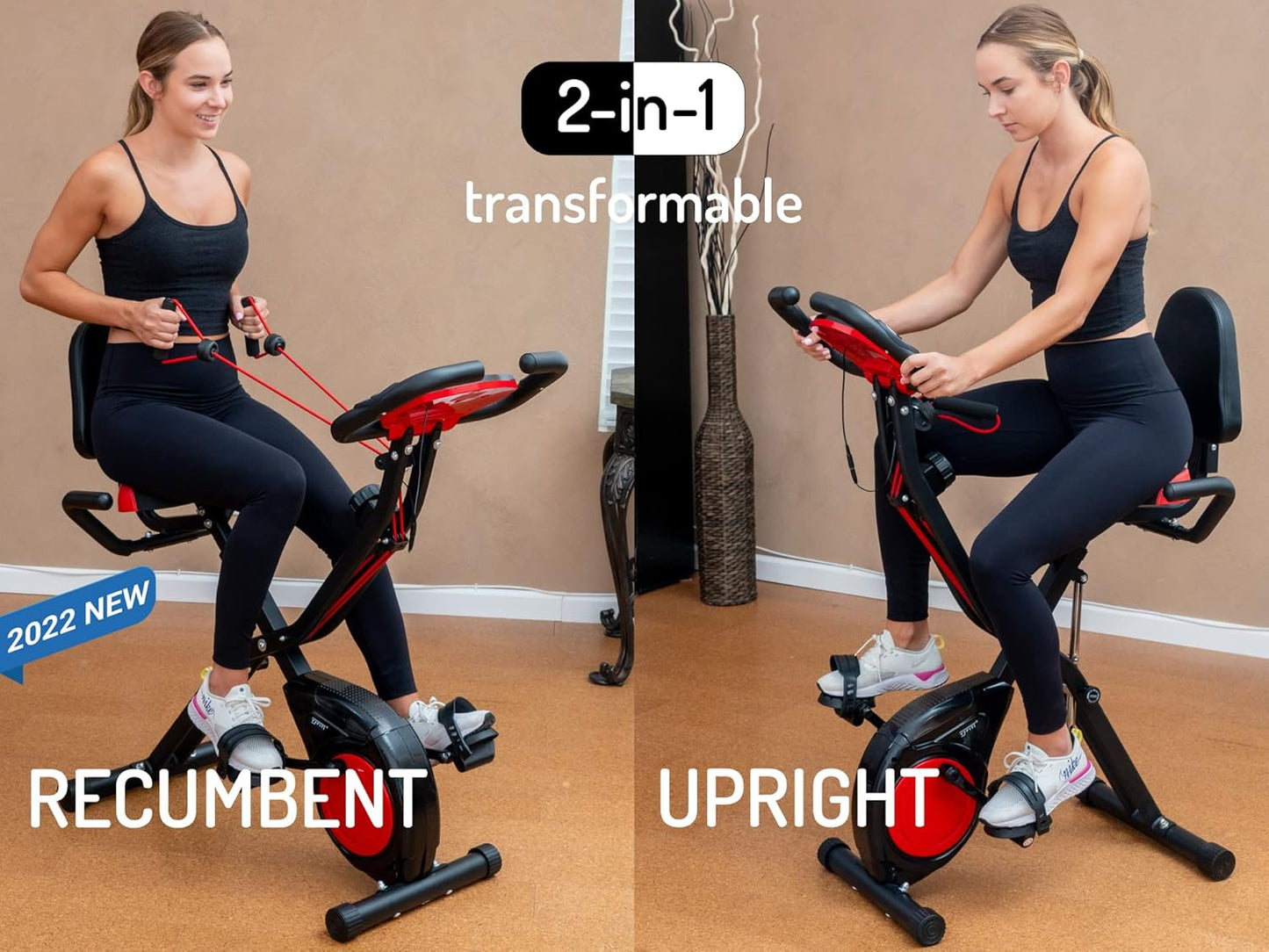 YYFITT 3-IN-1 Exercise Bike - Compact Folding Stationary Bike with Luminous Display | 16 Levels of Resistance, Backrest & Wider Seat
