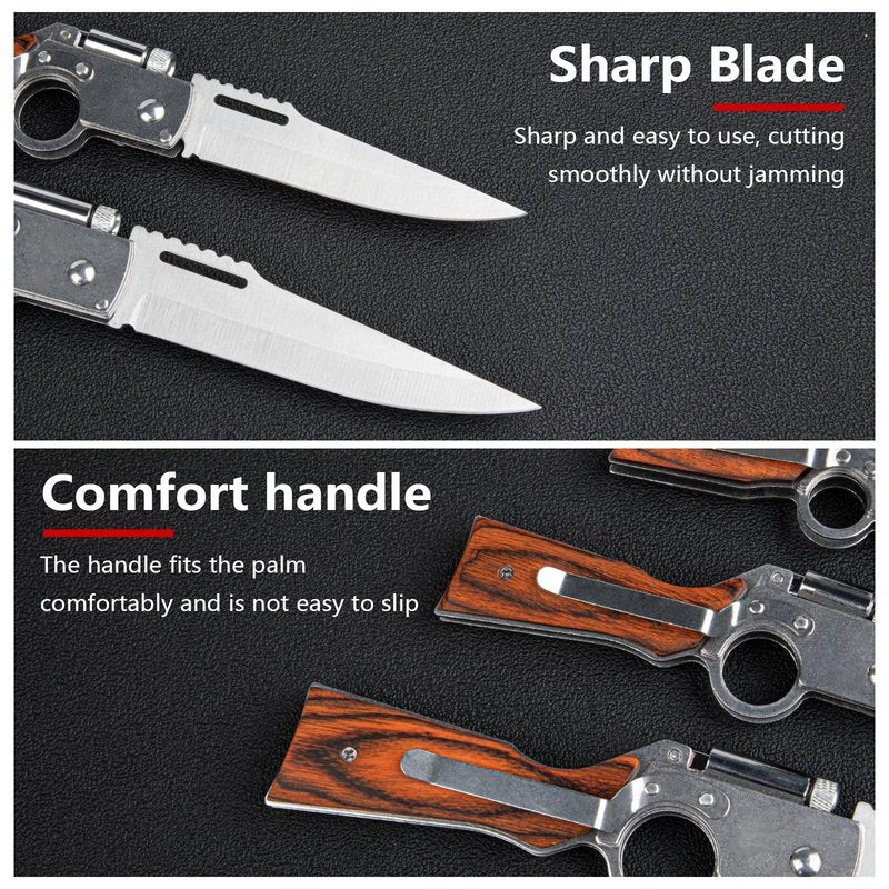Whomyis 2 Pcs Pocket Knife Ak47 Folding Knife Stainless Steel Blade Lightweight Wooden Handle, Gifts for Men