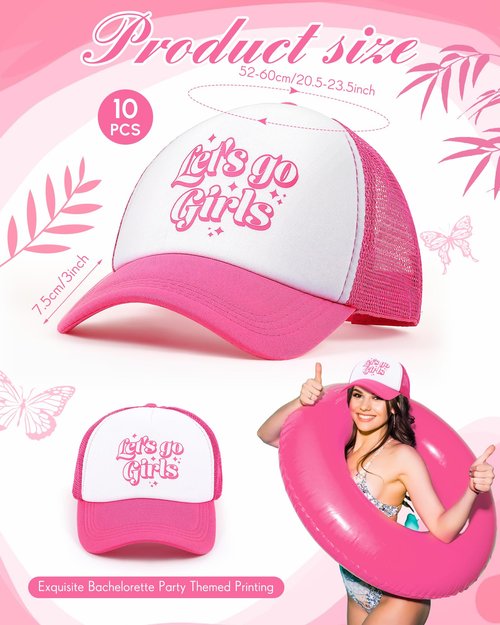 Jecery 10 Pcs Let's Go Girl Theme Trucker Hat for Women, Bach Party Mesh Baseball Cap for Bridal Shower Wedding Bach Party Gifts Rose Red