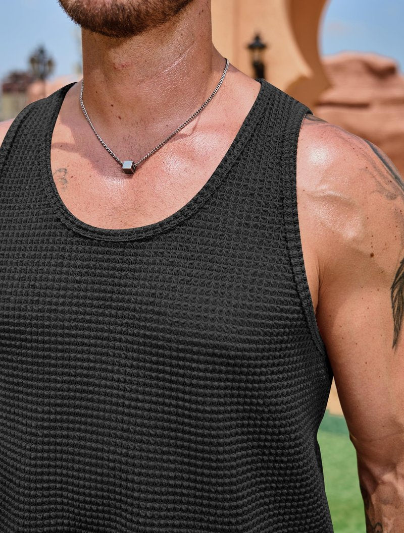 VOGSTART Men's Hollow Out Tanktop Fashion Vest Hollowout Tanktops Sleeveles Knitted Tops Black M