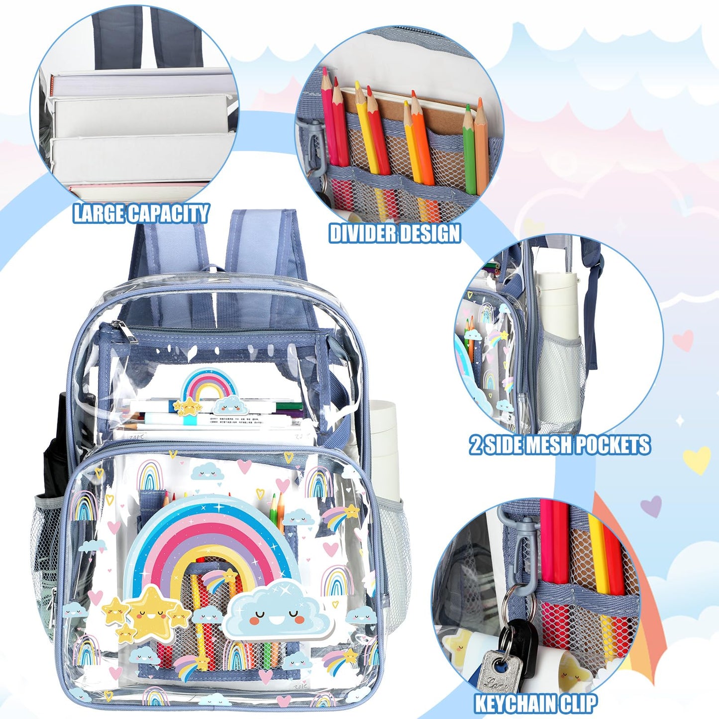 Kacctyen 3 Pcs Clear Backpack for Heavy Duty Clear Stadium Bag Transparent Backpack with Lunch Bag(Blue Purple,Rainbow)