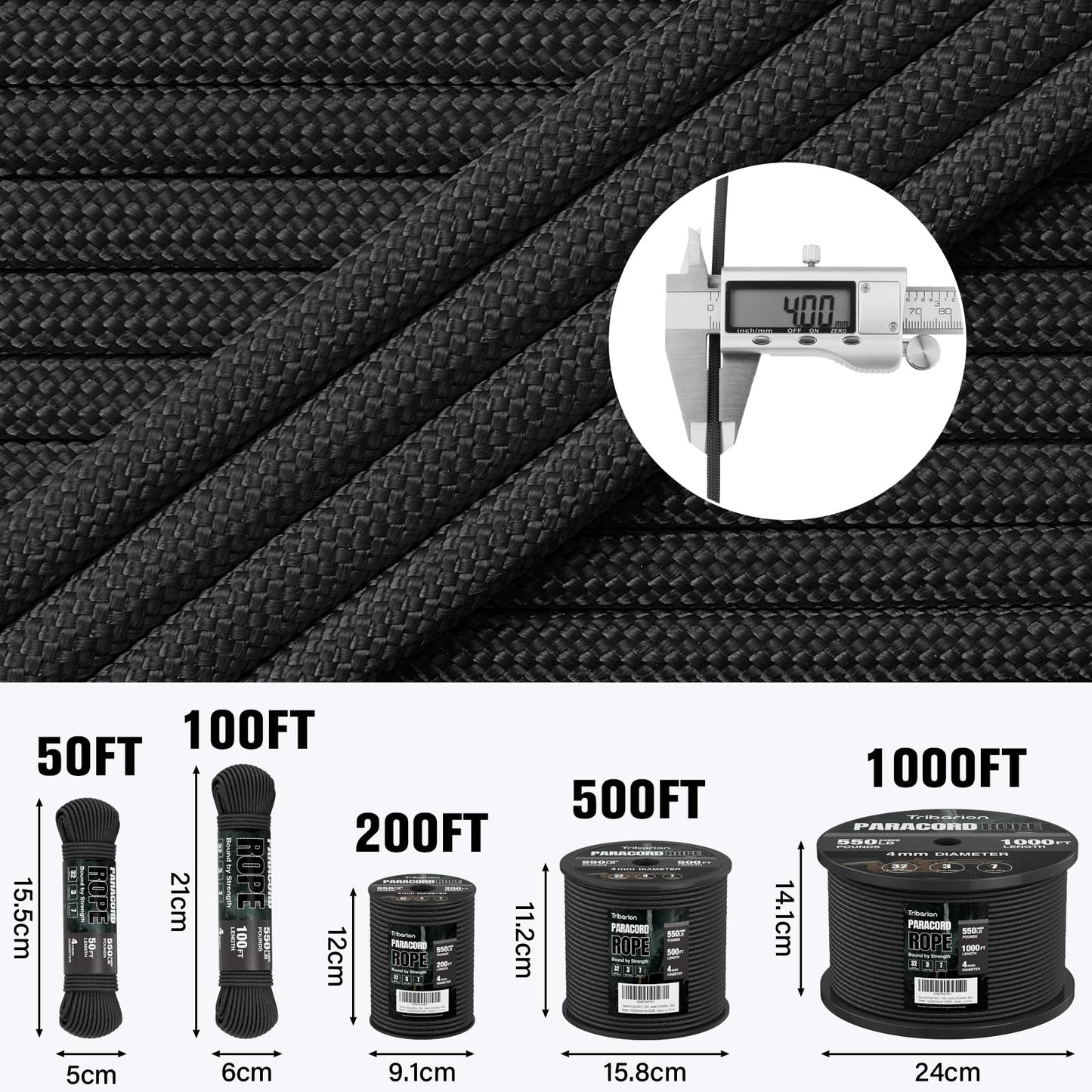 Paracord Rope 550 lb - 200ft 5/32" Parachute Cord 4MM 7-Strand para Cord - Heavy Duty Spool String for Survival,Camping Gear, Survival Bracelet, Clothesline - Black