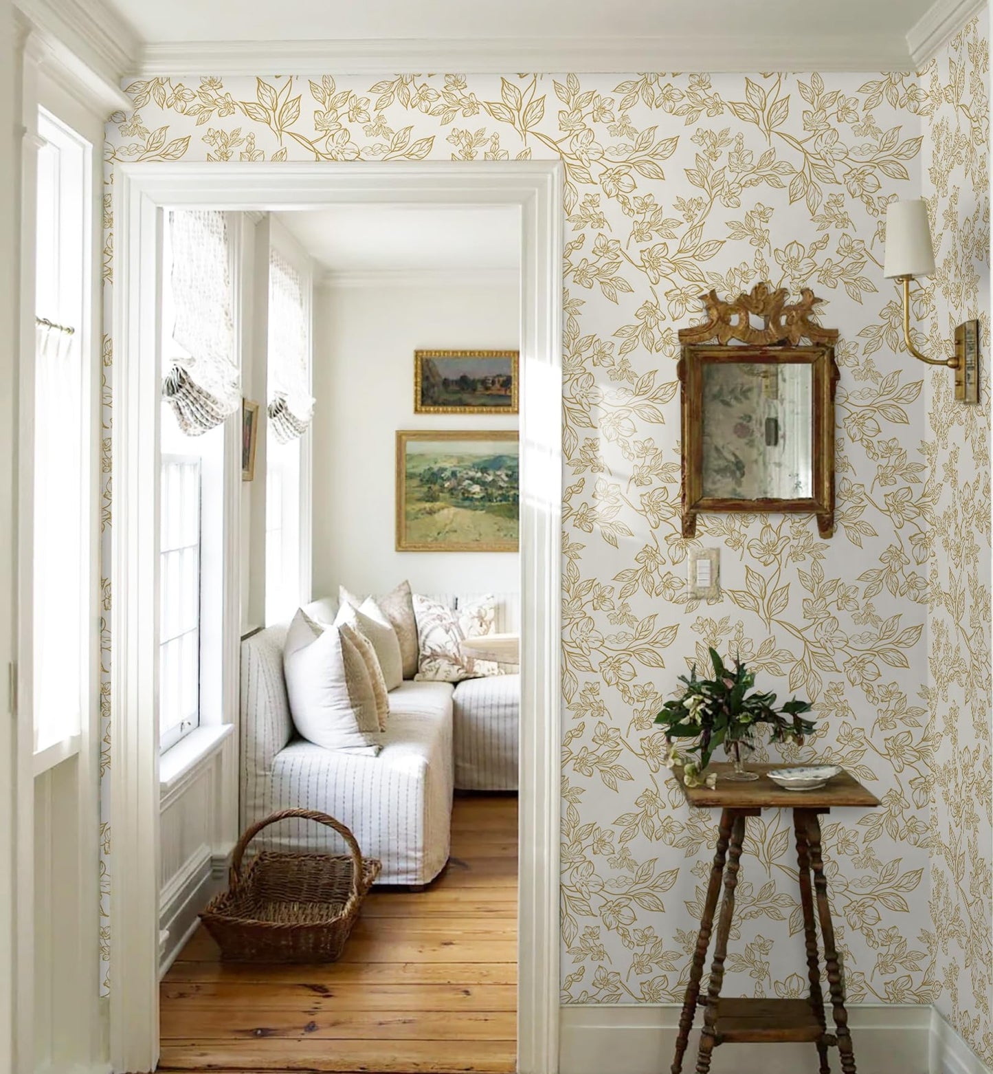 Ismoon Floral Peel and Stick Wallpaper Vintage Beige Contact Paper White Gold Stick on Wallpaper Textured Removable Self Adhesive Wall Paper for Bedroom Vinyl 17.3x78.7in