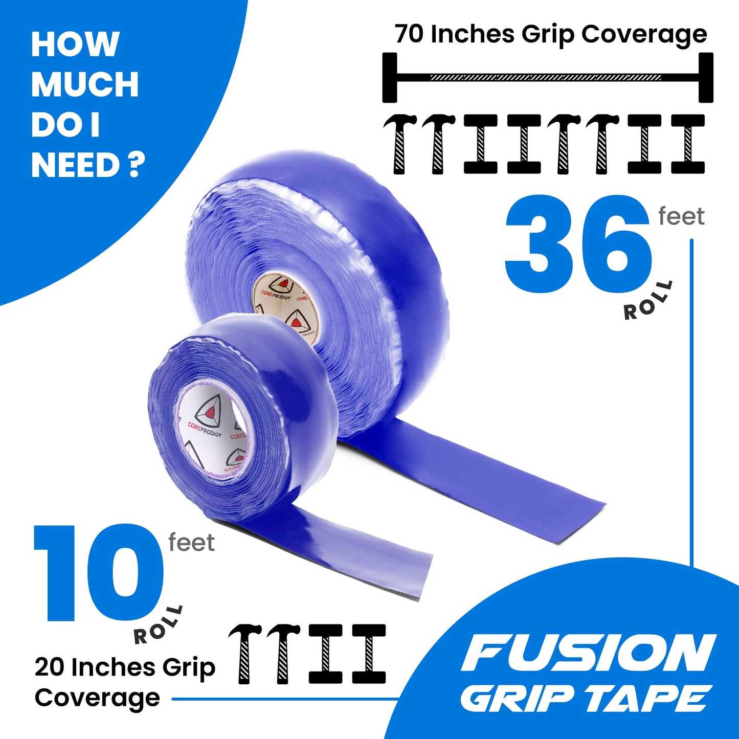 Core Prodigy Fusion Grip Tape - Silicone Rubber Wrap for Pull Up Bars, Barbells, Dumbbells, Sports and Gym Equipment, Weights and Tool Handles (10 Foot, Blue)